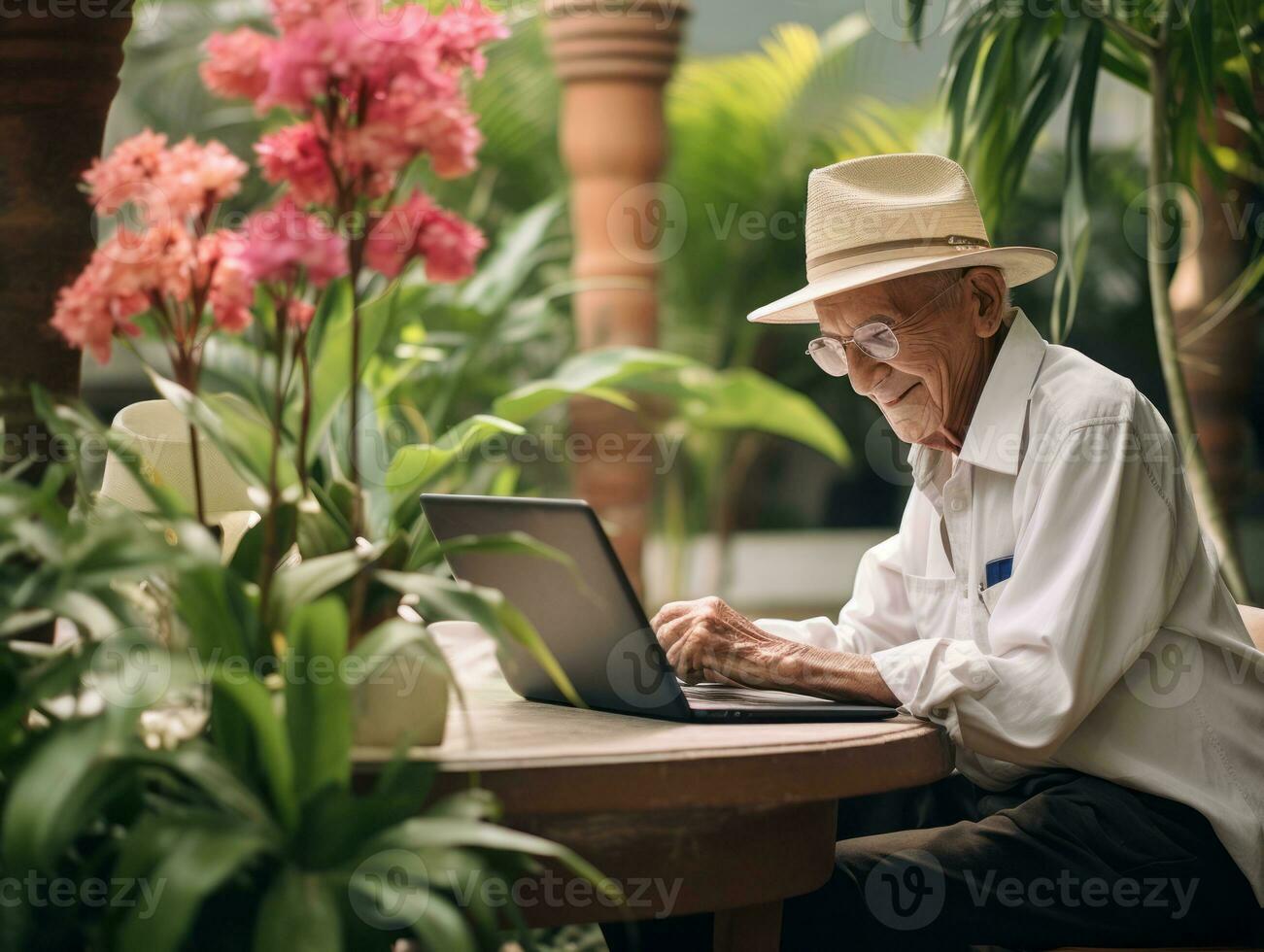Old Colombian man working on a laptop in a vibrant urban setting AI Generative photo