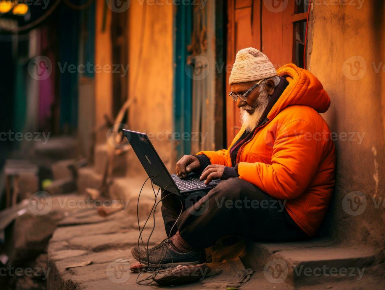 Old Colombian man working on a laptop in a vibrant urban setting AI Generative photo