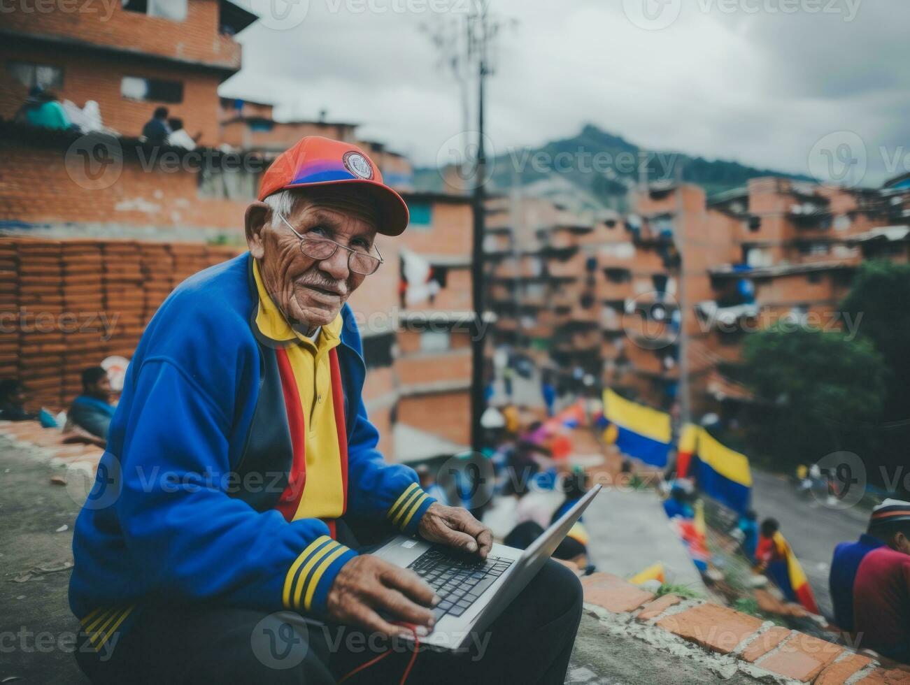 antiguo Colombiana hombre trabajando en un ordenador portátil en un vibrante urbano ajuste ai generativo foto