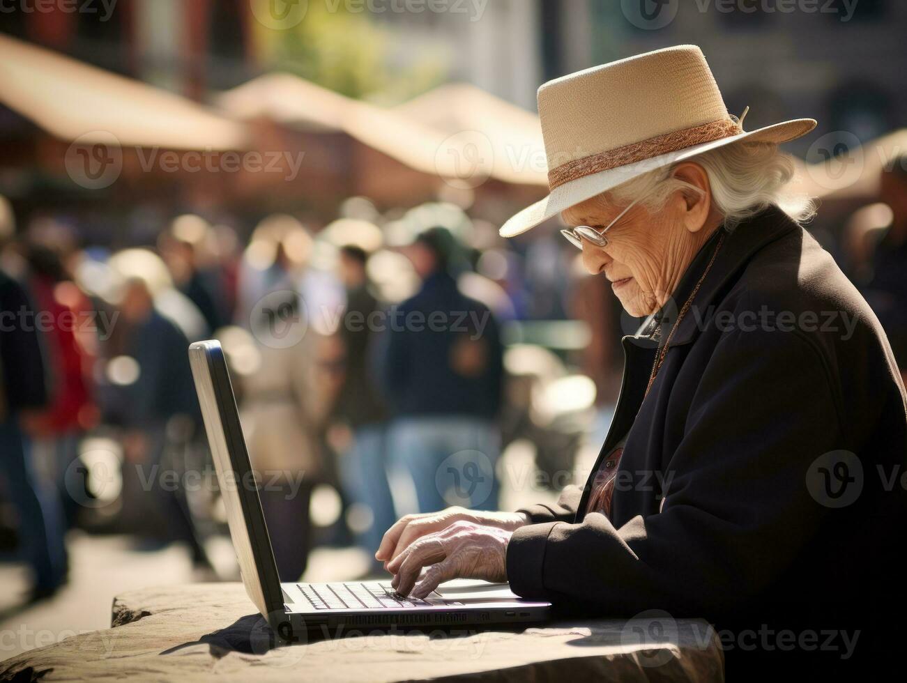 Old Colombian woman working on a laptop in a vibrant urban setting AI Generative photo