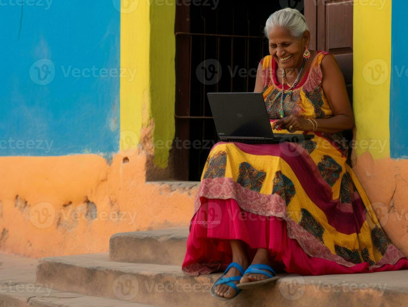 Old Colombian woman working on a laptop in a vibrant urban setting AI Generative photo