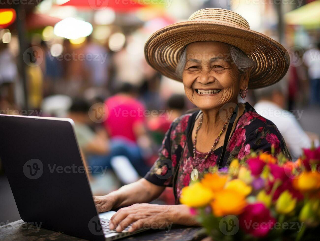 Old Colombian woman working on a laptop in a vibrant urban setting AI Generative photo