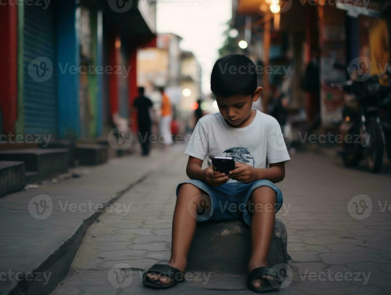kid from Colombia using smartphone for playing games AI Generative photo