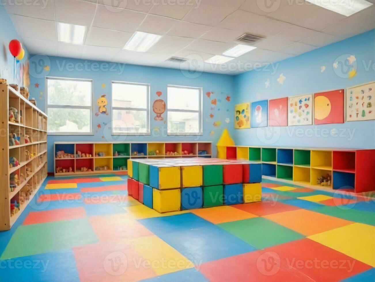 A Brightly Colored ChildrenS Room With Lots Of Shelves. AI Generated photo