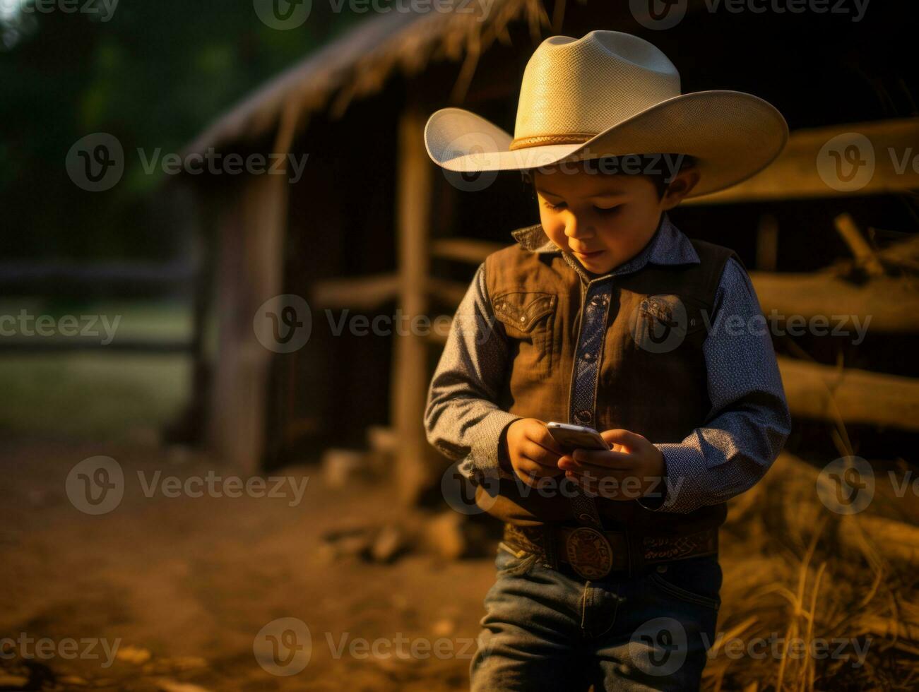 kid from Colombia using smartphone for playing games AI Generative photo