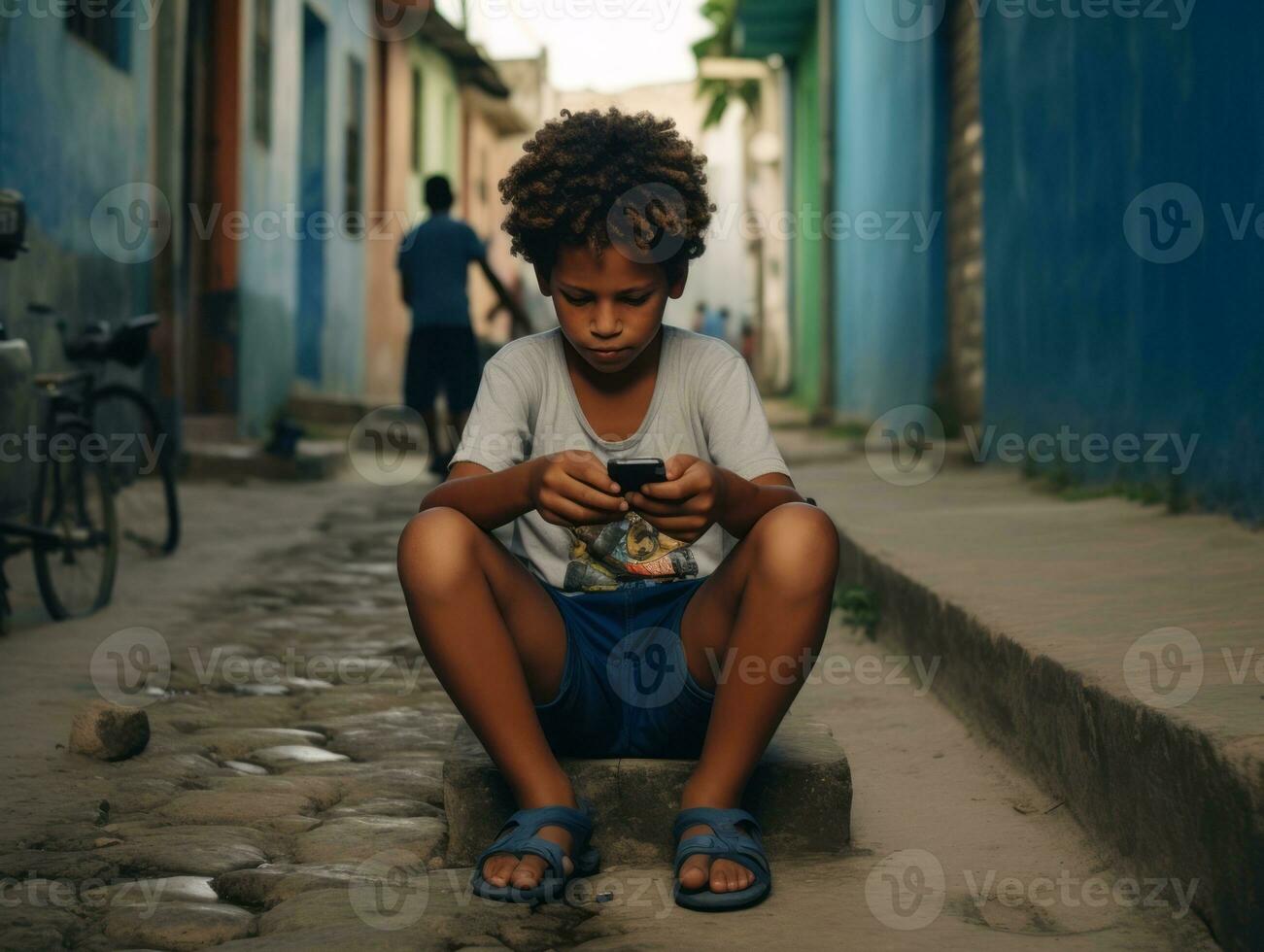 kid from Colombia using smartphone for playing games AI Generative photo