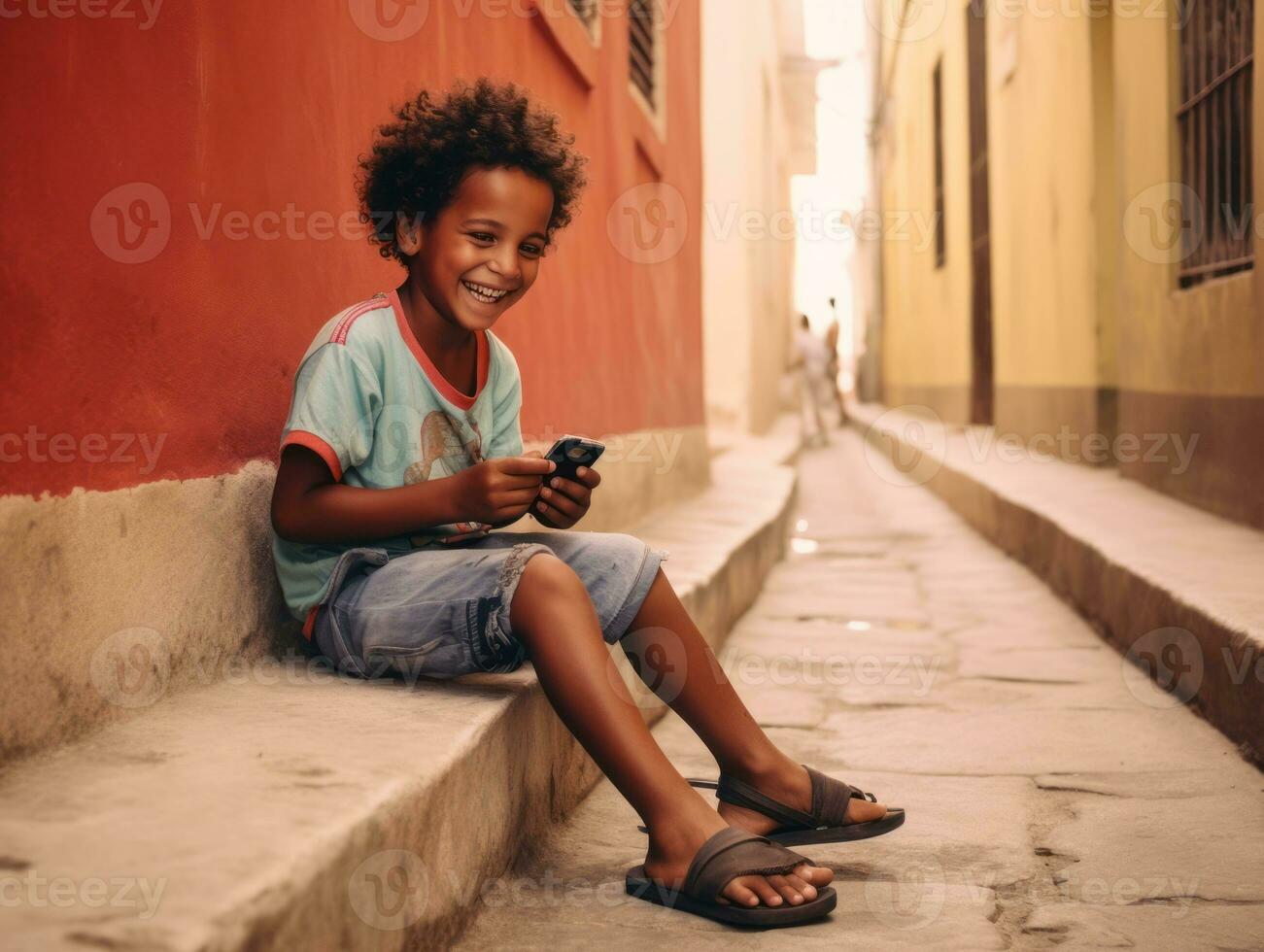 kid from Colombia using smartphone for playing games AI Generative photo