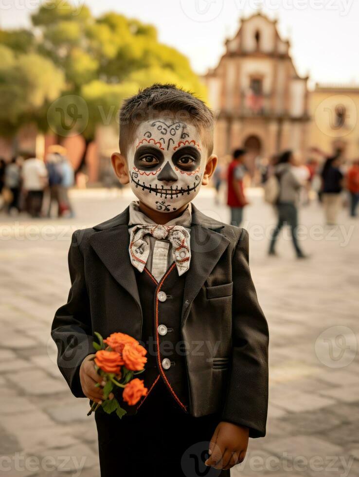 kid in Day of the Dead makeup with playful emotional dynamic pose AI Generative photo