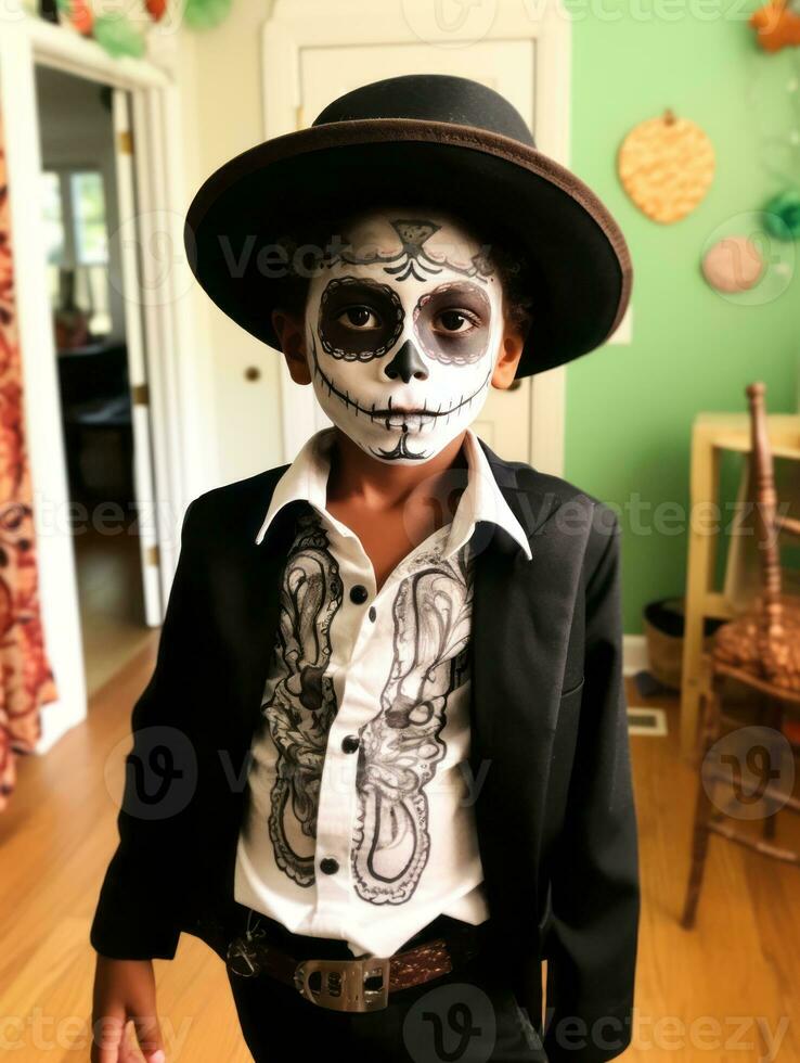 kid in Day of the Dead makeup with playful emotional dynamic pose AI Generative photo