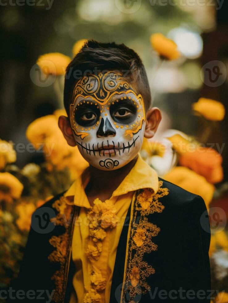 kid in Day of the Dead makeup with playful emotional dynamic pose AI Generative photo