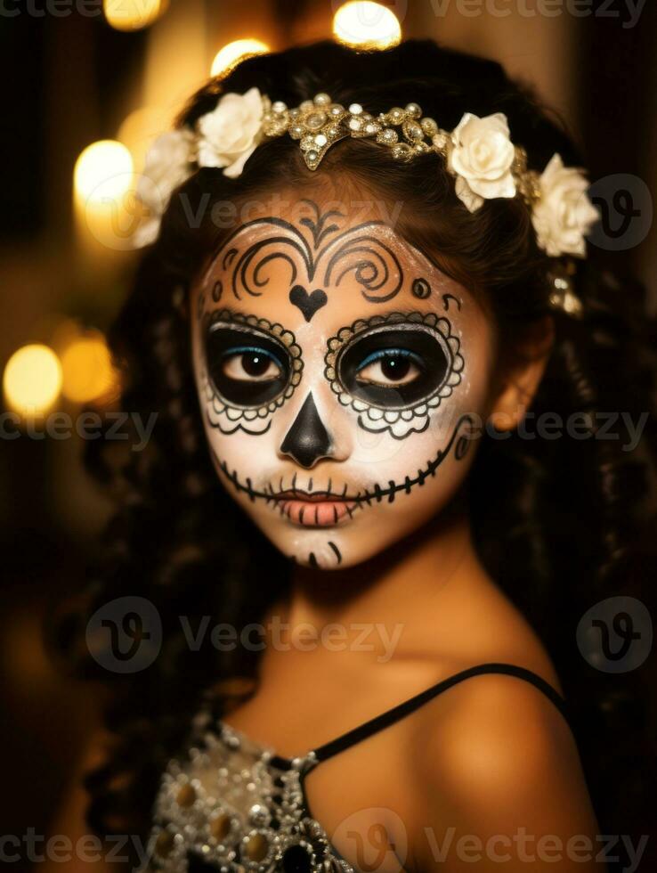 kid in Day of the Dead makeup with playful emotional dynamic pose AI Generative photo