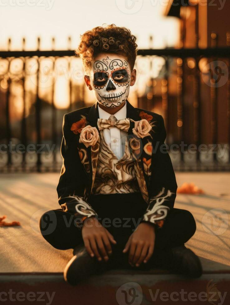 kid in Day of the Dead makeup with playful emotional dynamic pose AI Generative photo