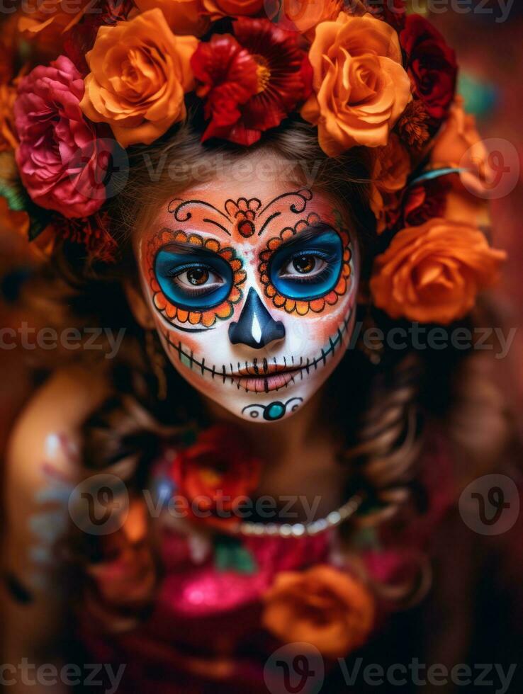 kid in Day of the Dead makeup with playful emotional dynamic pose AI Generative photo