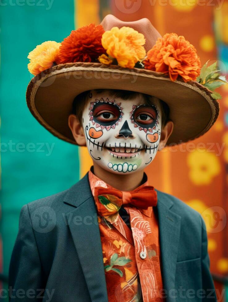 kid in Day of the Dead makeup with playful emotional dynamic pose AI Generative photo