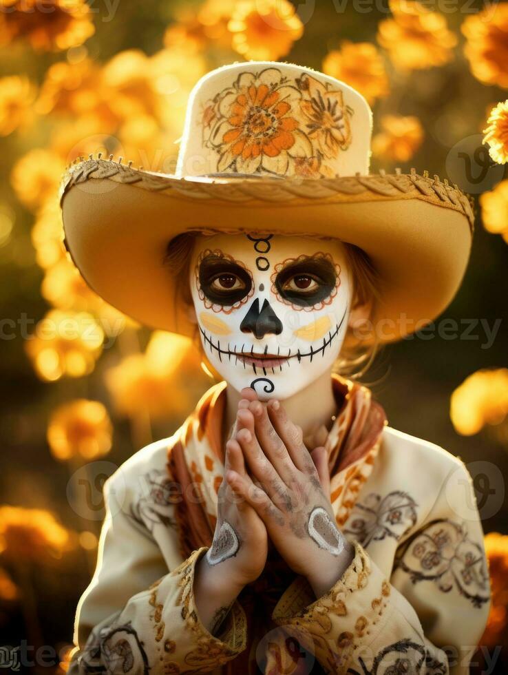 kid in Day of the Dead makeup with playful emotional dynamic pose AI Generative photo