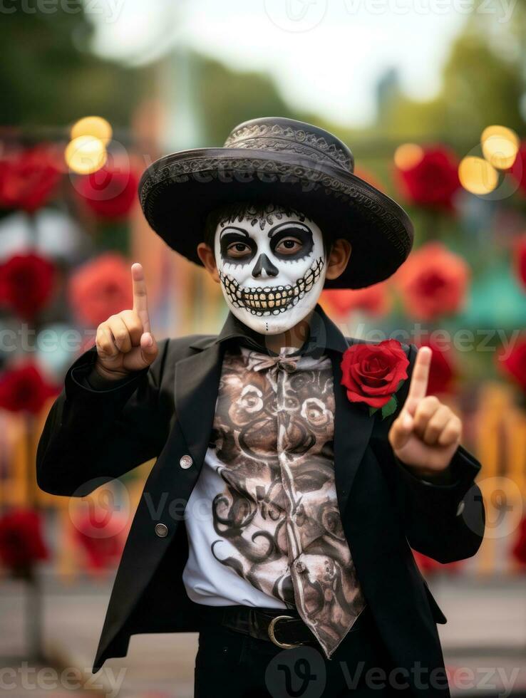 kid in Day of the Dead makeup with playful emotional dynamic pose AI Generative photo