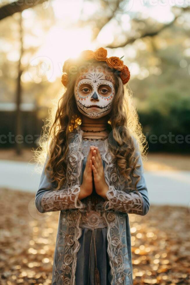 kid in Day of the Dead makeup with playful emotional dynamic pose AI Generative photo