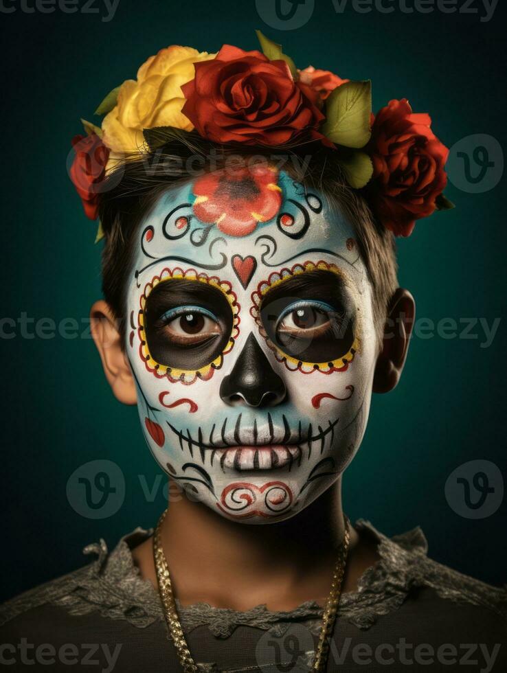 kid in Day of the Dead makeup with playful emotional dynamic pose AI Generative photo