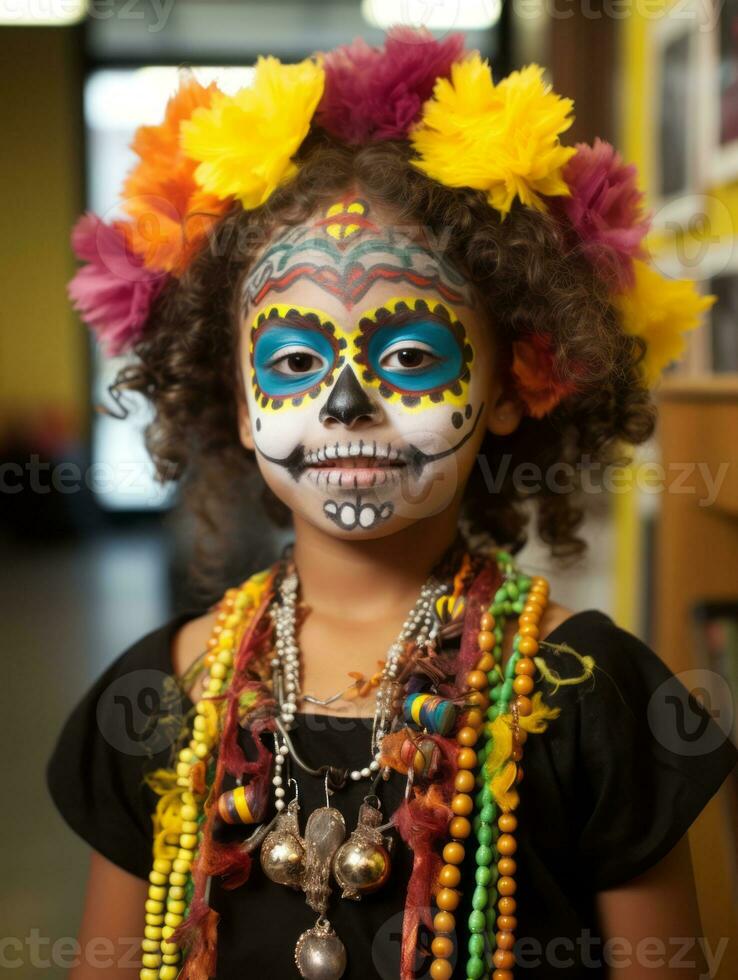 kid in Day of the Dead makeup with playful emotional dynamic pose AI Generative photo