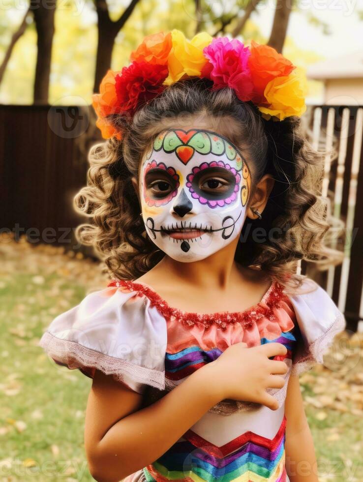 kid in Day of the Dead makeup with playful emotional dynamic pose AI Generative photo