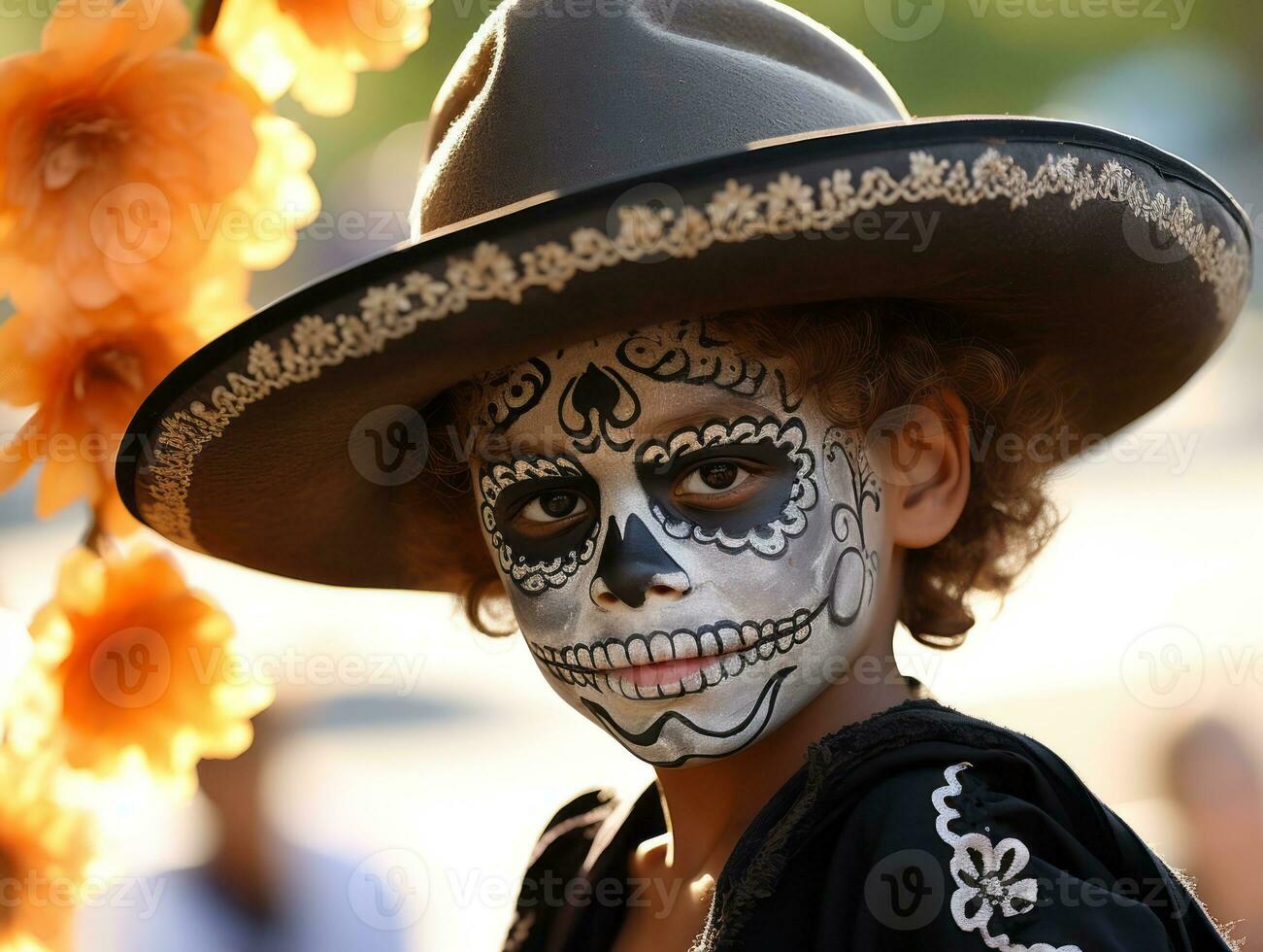 kid in Day of the Dead makeup with playful emotional dynamic pose AI Generative photo