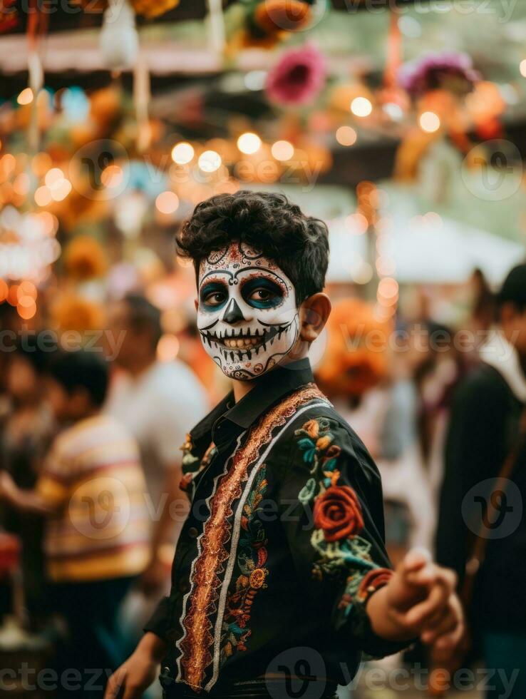 kid in Day of the Dead makeup with playful emotional dynamic pose AI Generative photo