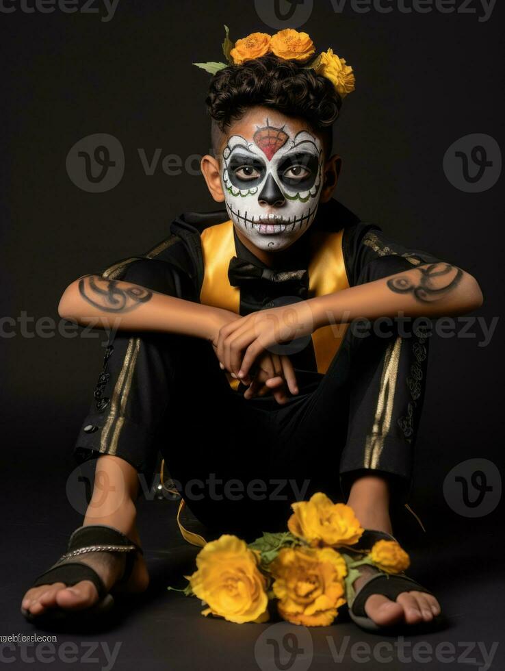 kid in Day of the Dead makeup with playful emotional dynamic pose AI Generative photo