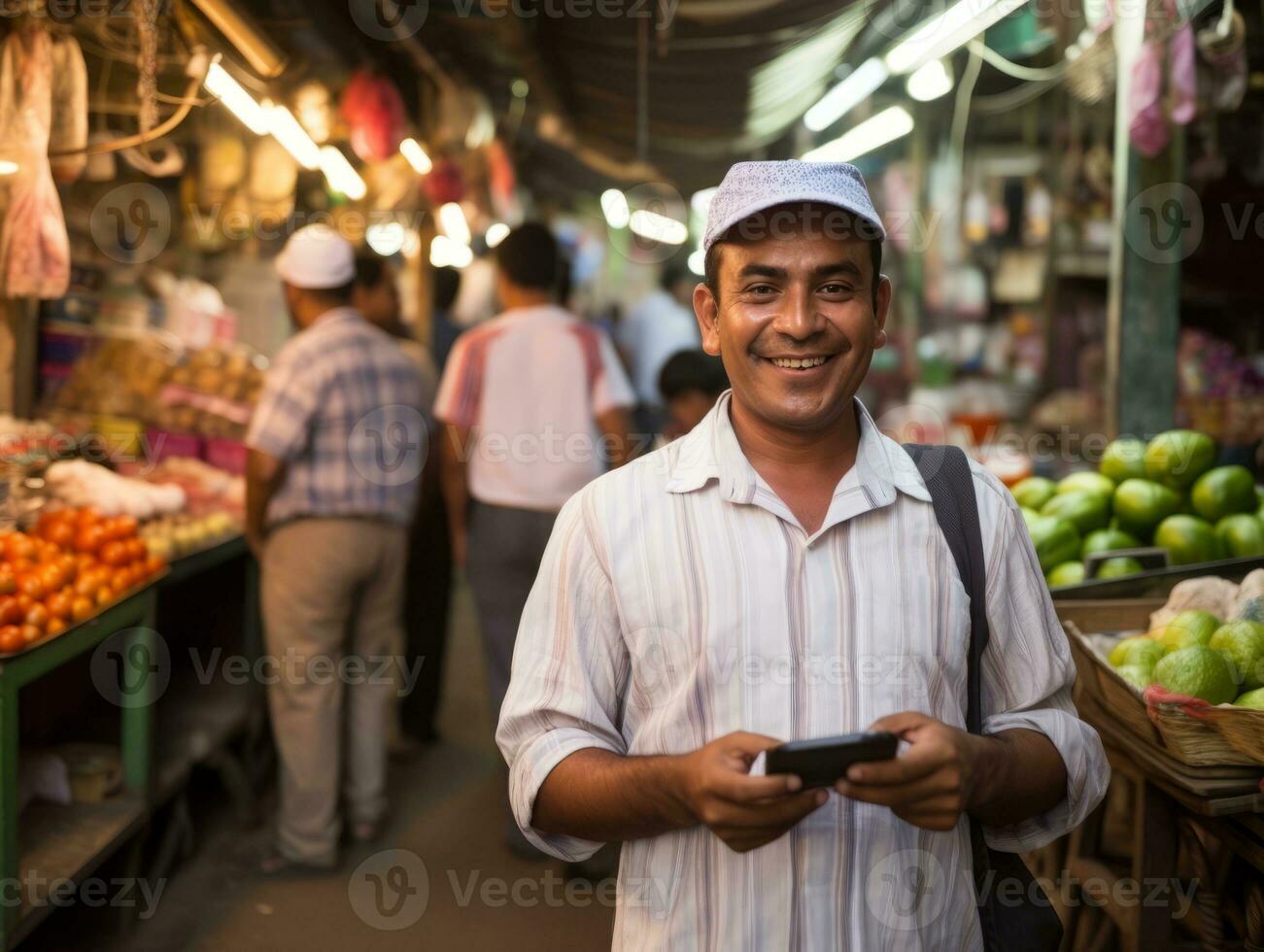 man from Colombia using smartphone for online communication AI Generative photo