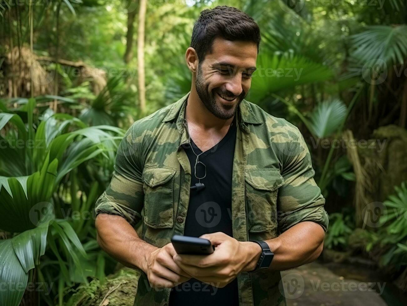 man from Colombia using smartphone for online communication AI Generative photo