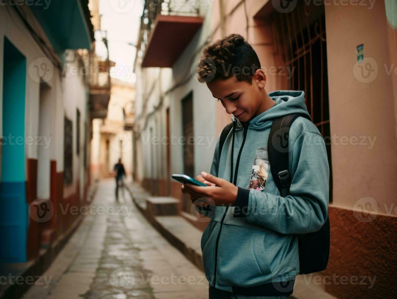 teenager from Colombia using a smartphone for playing games AI Generative photo