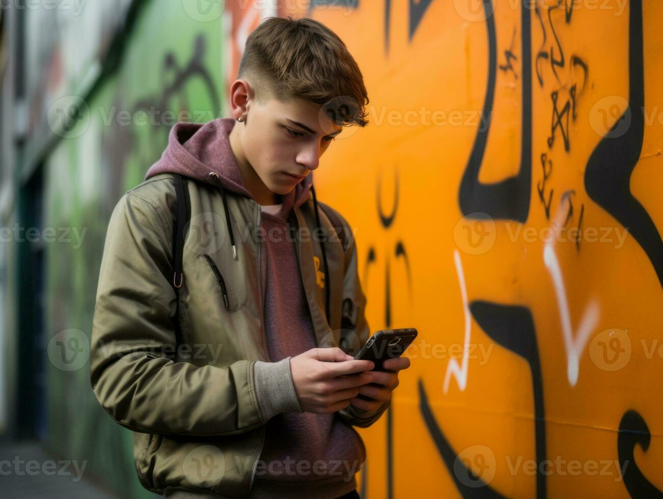 teenager from Colombia using a smartphone for playing games AI Generative photo