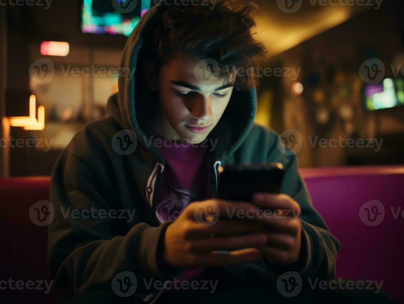 teenager from Colombia using a smartphone for playing games AI Generative photo