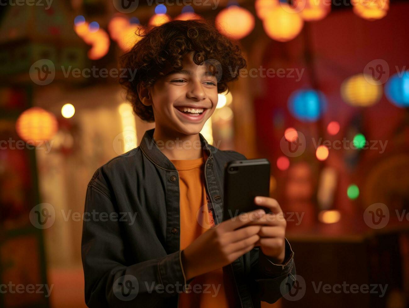 teenager from Colombia using a smartphone for playing games AI Generative photo