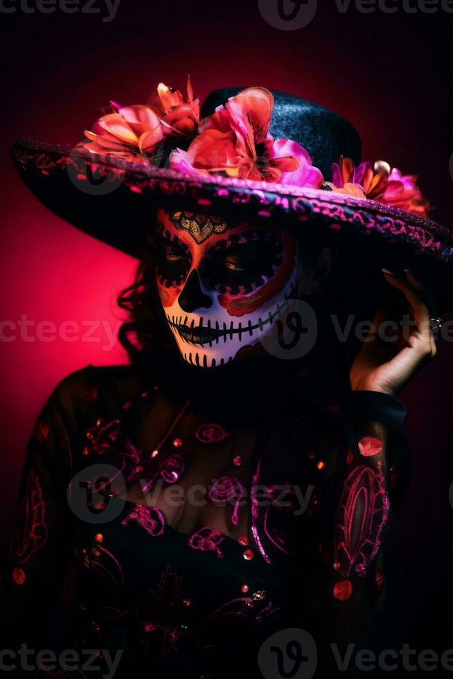 woman in vibrant calavera makeup celebrates the Day of Dead AI Generative photo