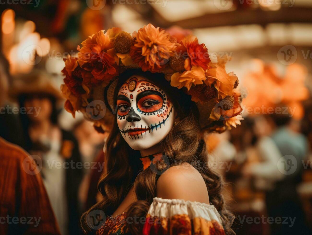 woman in vibrant calavera makeup celebrates the Day of Dead AI Generative photo