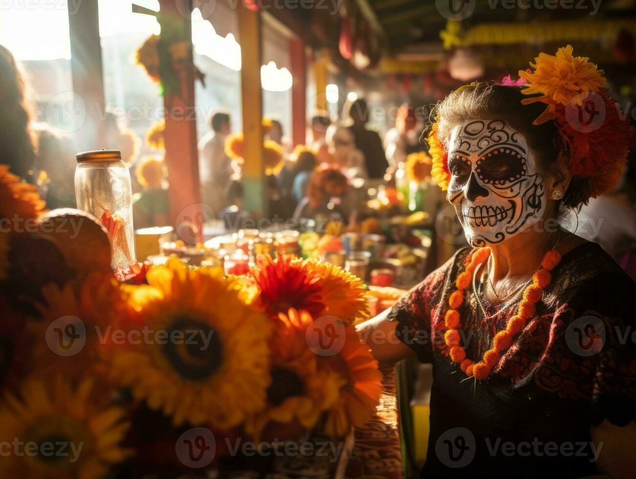 mujer en vibrante Calavera maquillaje celebra el día de muerto ai generativo foto