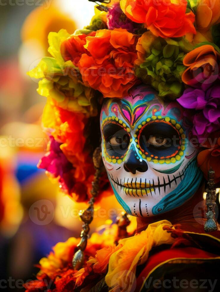 mujer en vibrante Calavera maquillaje celebra el día de muerto ai generativo foto