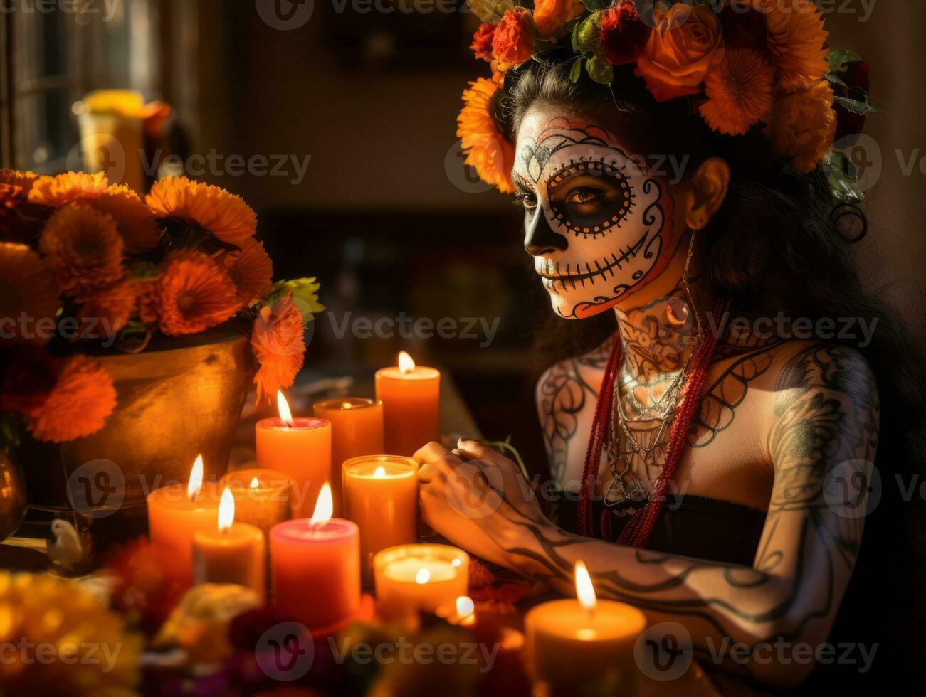 mujer en vibrante Calavera maquillaje celebra el día de muerto ai generativo foto