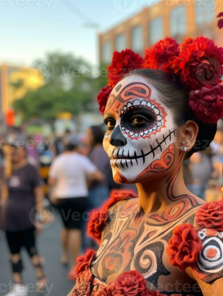 mujer en vibrante Calavera maquillaje celebra el día de muerto ai generativo foto