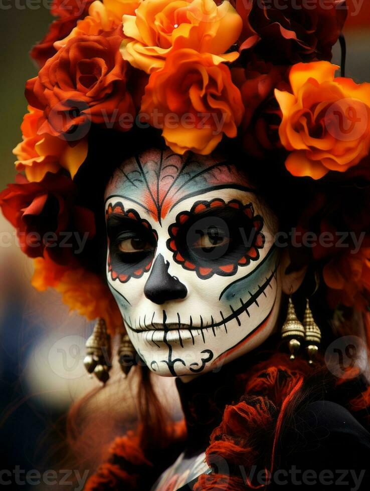 mujer en vibrante Calavera maquillaje celebra el día de muerto ai generativo foto