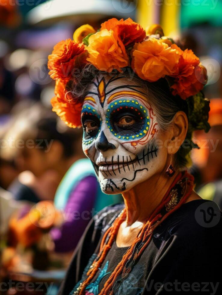 woman in vibrant calavera makeup celebrates the Day of Dead AI Generative photo