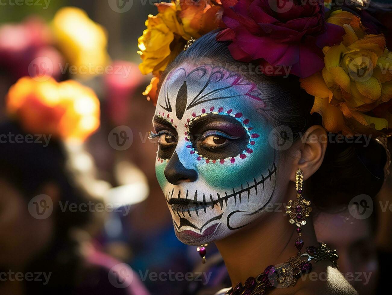 woman in vibrant calavera makeup celebrates the Day of Dead AI Generative photo