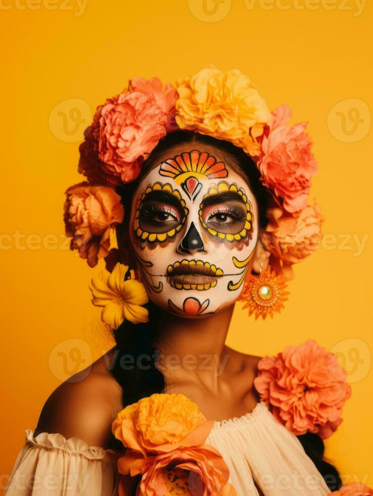 mujer en vibrante Calavera maquillaje celebra el día de muerto ai generativo foto