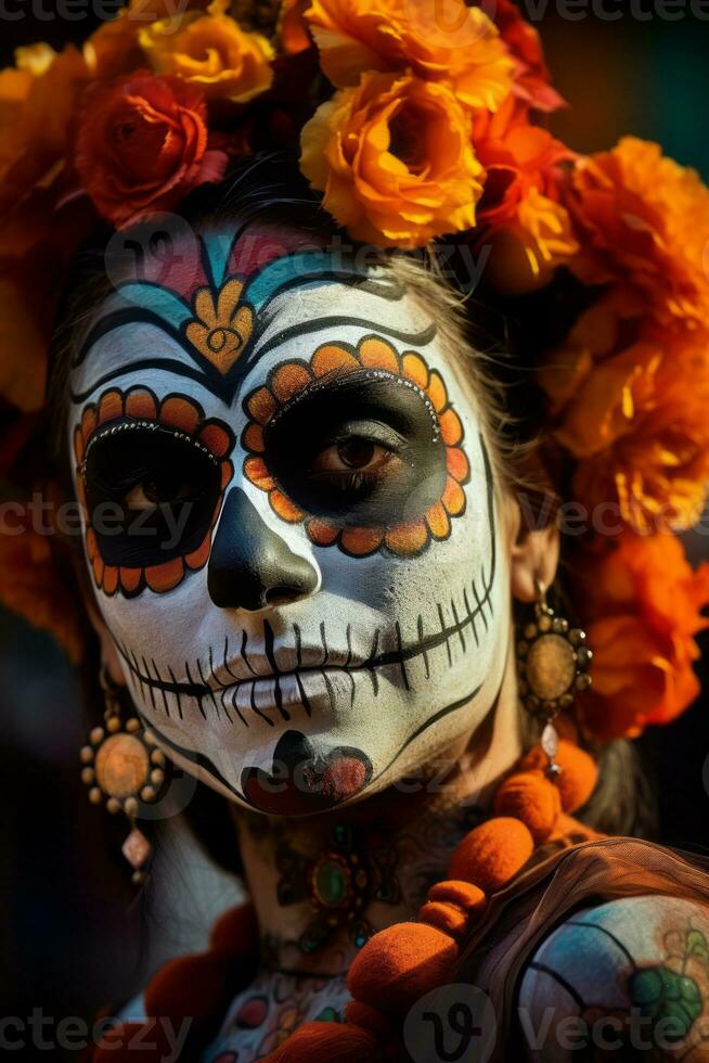 woman in vibrant calavera makeup celebrates the Day of Dead AI Generative photo