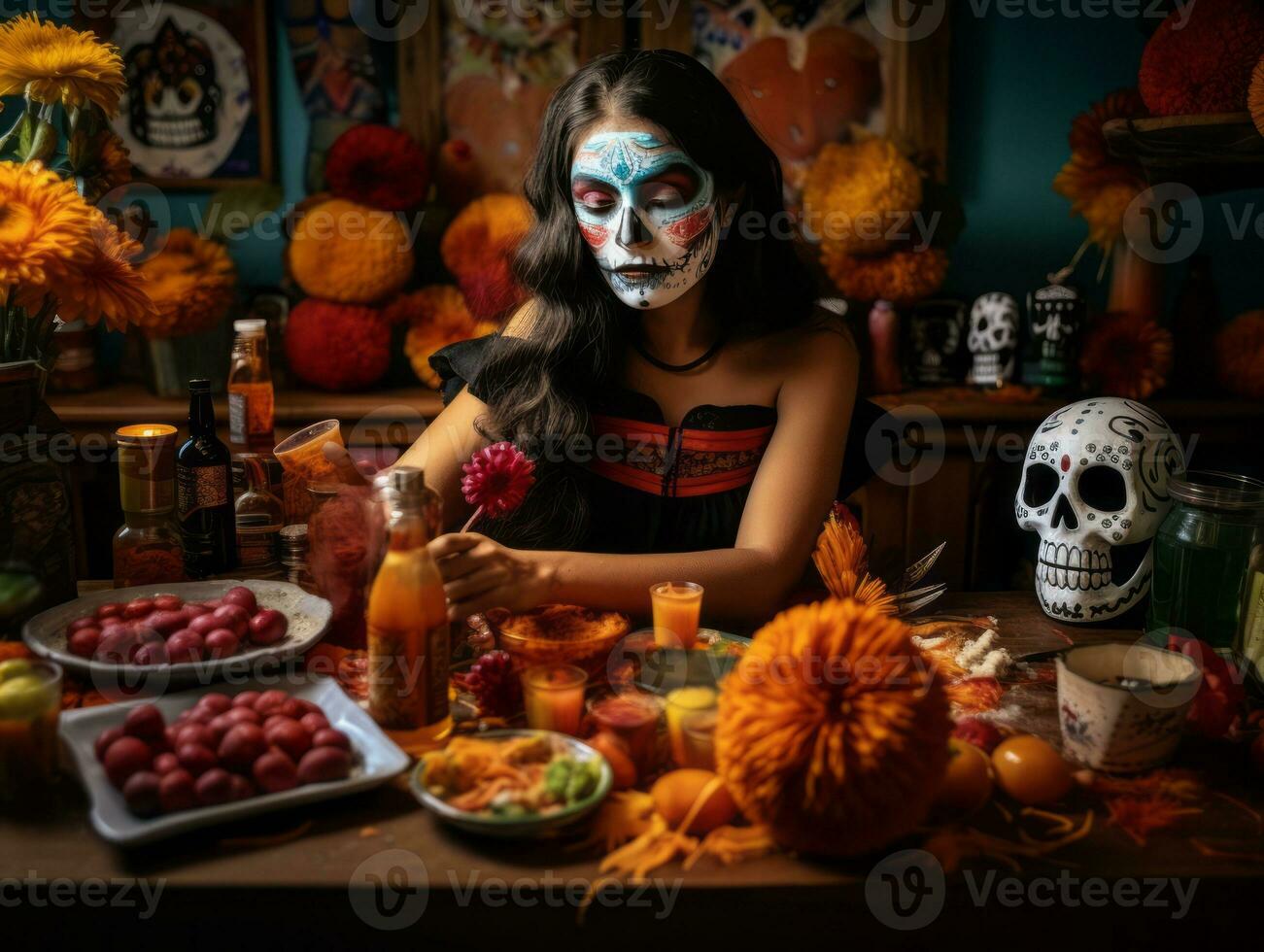 mujer en vibrante Calavera maquillaje celebra el día de muerto ai generativo foto