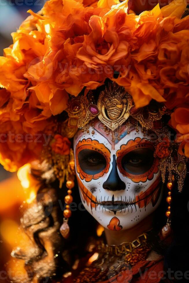 mujer en vibrante Calavera maquillaje celebra el día de muerto ai generativo foto