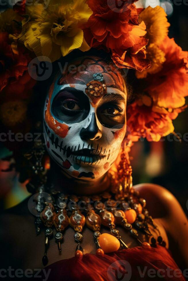 mujer en vibrante Calavera maquillaje celebra el día de muerto ai generativo foto