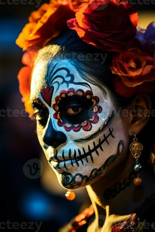 mujer en vibrante Calavera maquillaje celebra el día de muerto ai generativo foto