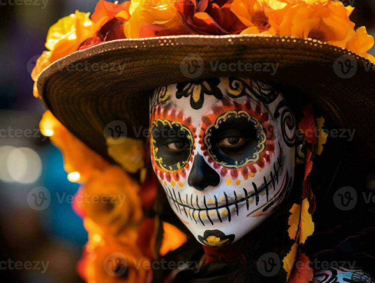 mujer en vibrante Calavera maquillaje celebra el día de muerto ai generativo foto