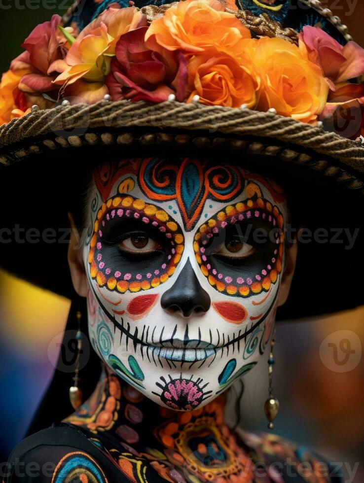 mujer en vibrante Calavera maquillaje celebra el día de muerto ai generativo foto